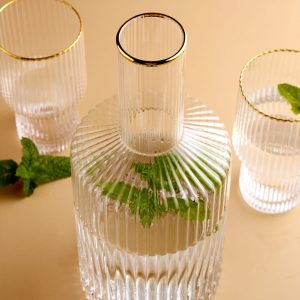 Gold rim ribbed crystal water jug with 2 glasses
