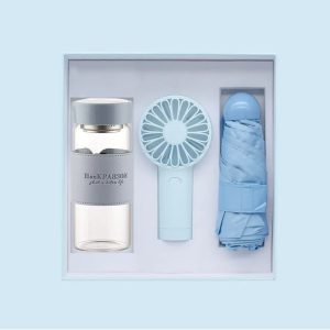 Promotional ladies gift set with fan,glass bottle and umbrella giftset