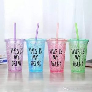Double wall insulated freezer tumbler with straw and lid for cold drinks
