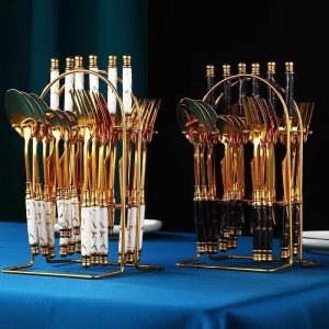 24pcs marble gold coated kitchen cutlery set with ceramic handle, gold spoon set.