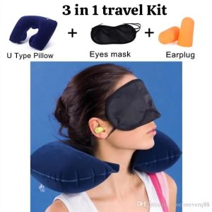 3 in 1 travel kit combo, travel pillow, ear buds, eye mask, travel combo.