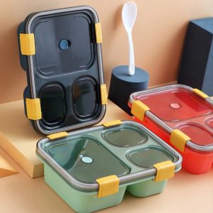 3 grid kid & adults lunchbox, bentobox leakproof, microwave safe with spoon