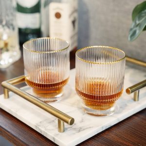 Meridian Lowball Glasses Set of 2 - Premium Crystal Clear Vintage Drinking Tumblers for Whiskey, Scotch & Bourbon in Art Deco Ripple Glassware Design, Gold Rimmed Glassware Gift Set 350ml
