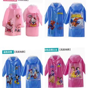 Cartoon themes kids rain coat, mickey mouse, hello kitty, frozen & spiderman raincoats for kids